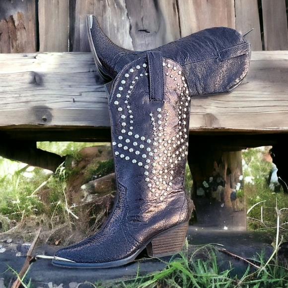 REBA Studded Metallic Bronze Leather Cowboy Boots 5.5 Biker Western Cowgirl - Picture 14 of 15